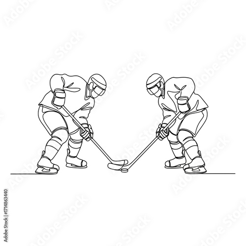 Two hockey players in action with puck and sticks