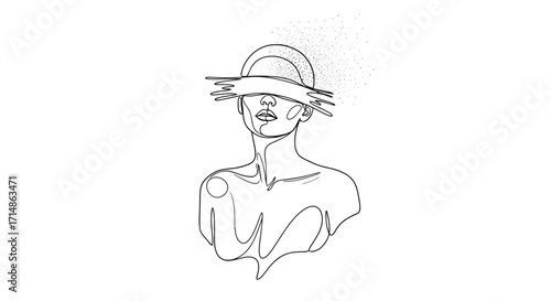 Abstract line art of a woman with a blindfold and scattered dots