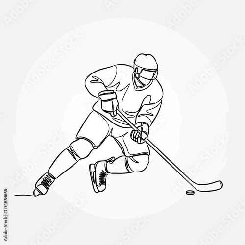 Continuous line drawing of a hockey player in action