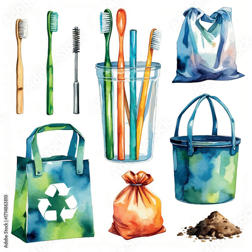 Watercolor vector icons of zero waste lifestyle – bamboo toothbrush, straw and compost bin, isolated