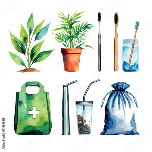 Watercolor vector icons of zero waste lifestyle – bamboo toothbrush, straw and compost bin, isolated