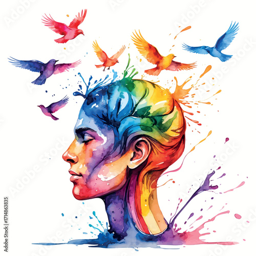 Watercolor creativity concept with birds flying from head and colorful spectrum