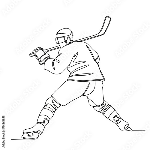 Continuous line drawing of a hockey player in action