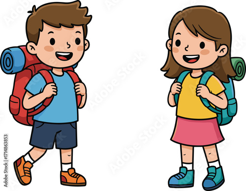 Cartoon kids hiking with backpacks, camping gear, outdoor adventure, happy children walking, exploration, travel, nature trip, summer holiday illustration