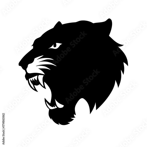 Silhouette of a roaring panther head with sharp teeth and intense gaze facing left in black and white design