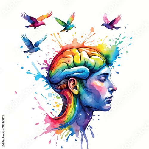 Watercolor creativity concept with birds flying from head and colorful spectrum