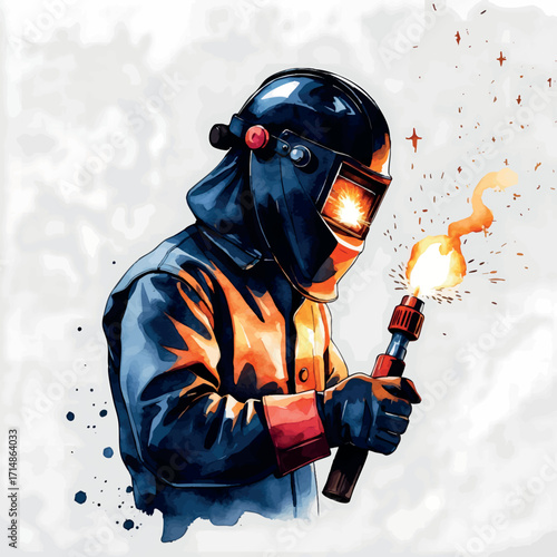 Watercolor welder in action with torch and helmet, skilled metalworker illustration