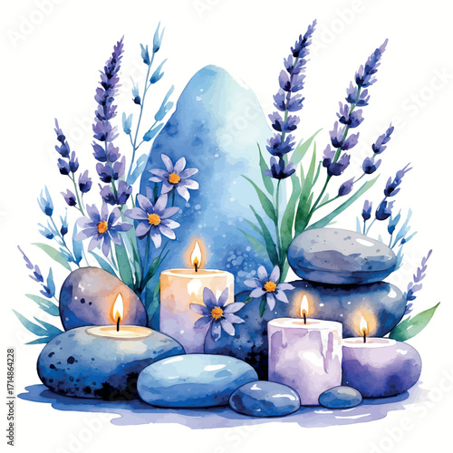 Watercolor wellness spa scene with natural elements. Serene blue and lavender illustration isolated on white background