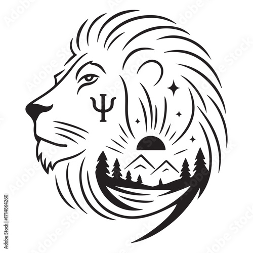 Lion Silhouette with Nature Landscape and Psi Symbol  Wildlife and Psychology Fusion Vector