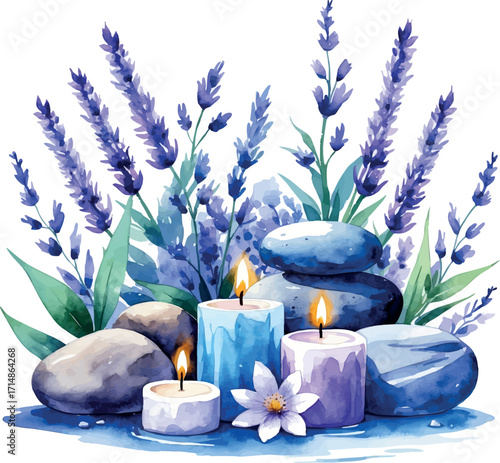 Watercolor wellness spa scene with natural elements. Serene blue and lavender illustration isolated on white background