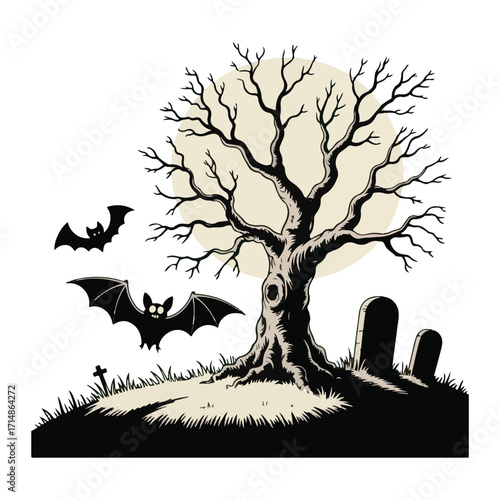 Creepy haunted tree with bats flying around a full moon, graveyard scene, spooky halloween night vector illustration