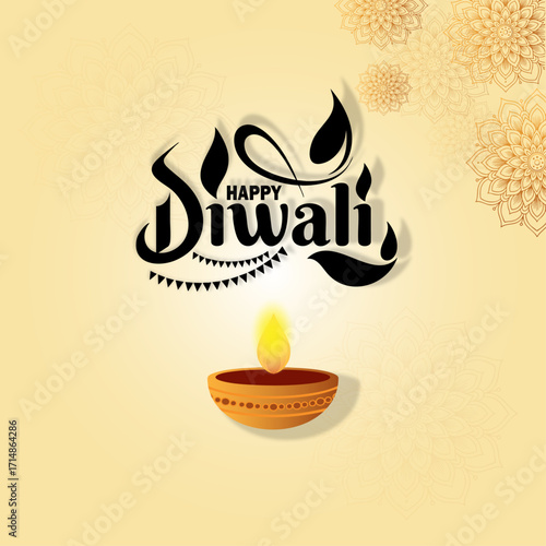 Happy Diwali Greeting with Traditional Oil Lamp on Beige Background