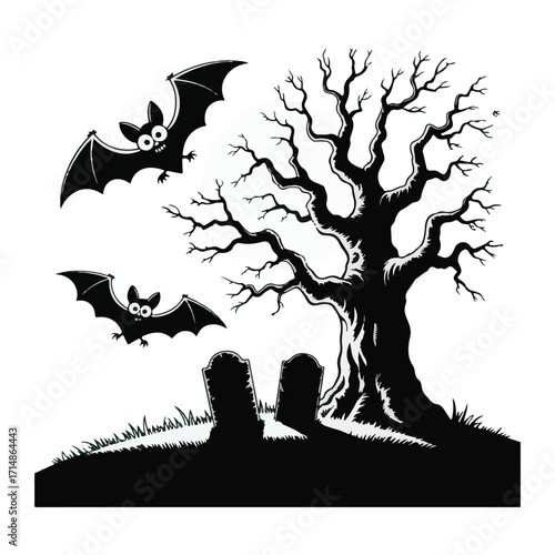Spooky haunted tree with bats flying around a full moon, graveyard scene, creepy halloween night vector illustration
