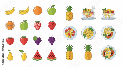 Fruits healthy eating fruit salad with banana orange apple strawberry pineapple grape watermelon pear plum diet 100 vector