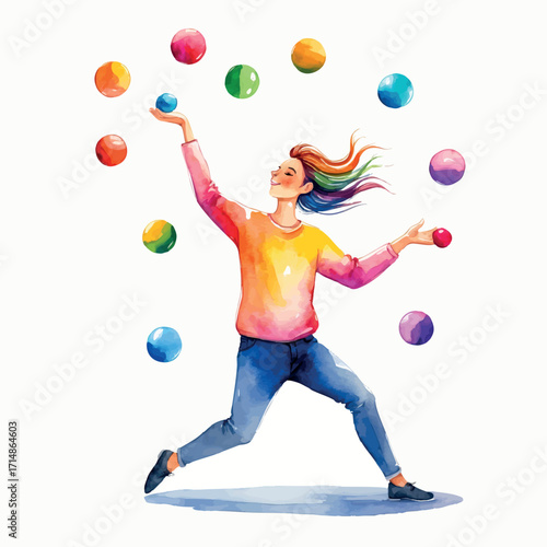 Whimsical Watercolor Juggler Illustration. Colorful Skill Challenge Concept with Playful Composition Representing Creative Difficulty and Dexterity.