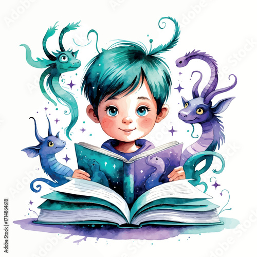Child reading magical book watercolor illustration. Whimsical education concept with imagination creatures flowing from pages in teal and purple colors.