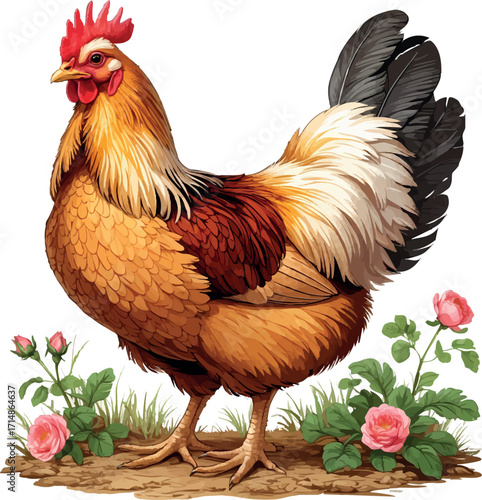 Wyandotte chicken vector illustration. Distinctive laced feather pattern with detailed plumage texture and full round body, perfect for heritage poultry branding.