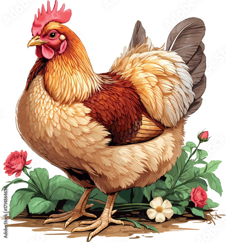 Wyandotte chicken vector illustration. Distinctive laced feather pattern with detailed plumage texture and full round body, perfect for heritage poultry branding.
