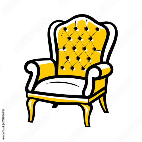 A cartoon illustration of a yellow and white armchair with black button accents on a white background