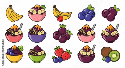 Fruits acai bowl recipe ideas with banana blueberry strawberry kiwi and granola healthy breakfast and dessert options vector