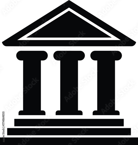 Classical building icon, Greek Roman architecture silhouette, government museum bank symbol, black vector design, institutional structure clipart, legal education graphic