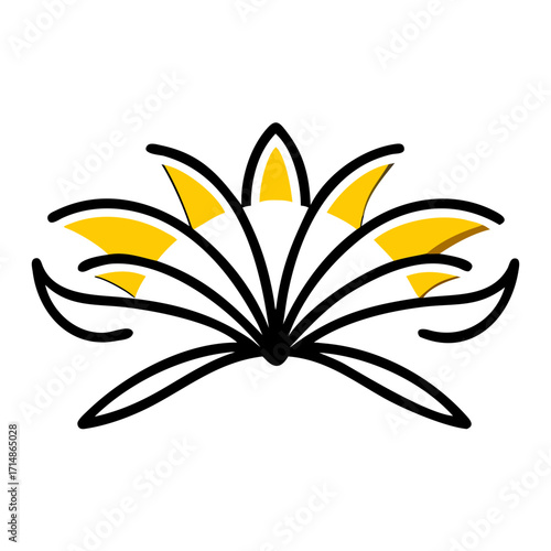 Stylized floral design with black lines and yellow accents emanating from a central point in a radial pattern