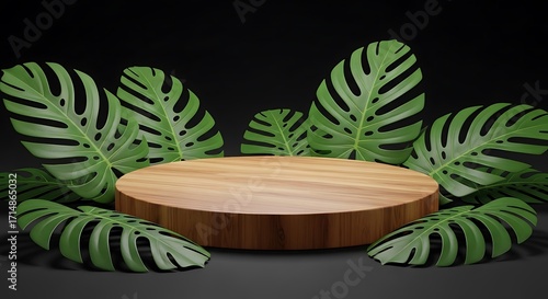 Natural Wood Display Stand with Tropical Monstera Leaves Backdrop