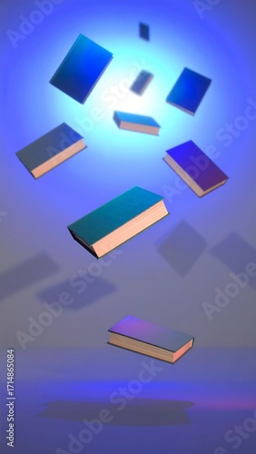 Floating books in a vibrant, digital background