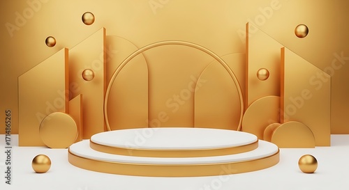 Elegant Golden Stage Podium with Abstract Geometric Background for Product Display