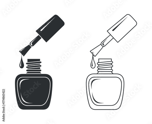 Nail Polish Icon Set Solid and Outline Style Isolated on White Backdrop