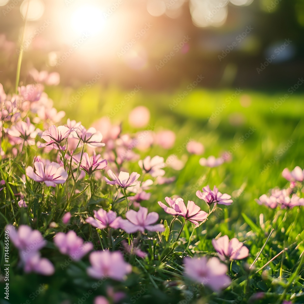 Obraz premium Field of Pink Flowers in Golden Hour Sunlight nature photo