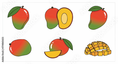 Fruits delicious mango fruit vector illustration featuring whole sliced and diced mangoes fresh and juicy design element vector