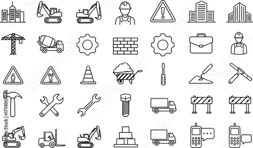 Construction icon set, black line industrial symbols, building tools vehicles workers safety signs, engineering equipment vector, infrastructure graphic pack