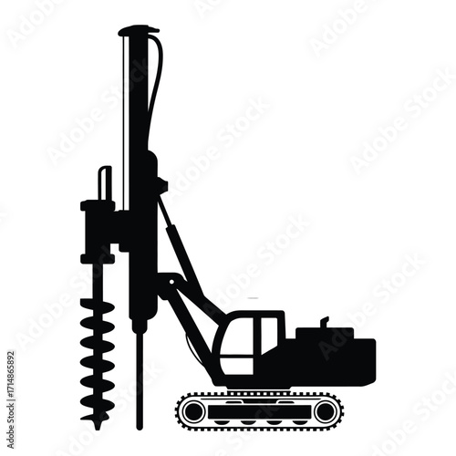 Minimalist construction drill rig silhouette with tracked base and vertical auger black and white vector illustration