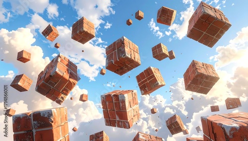Floating brick blocks in a cloudy sky
