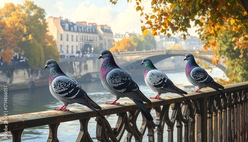 Four pigeons on a Parisian railing. Autumnal cityscape