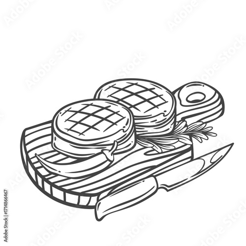 Filet mignon steaks on wooden board with knife and chili pepper line icon. Outline hand drawn sketch of tenderloin meat cuts with rosemary. BBQ, restaurant menu mascot, steak icon vector illustration