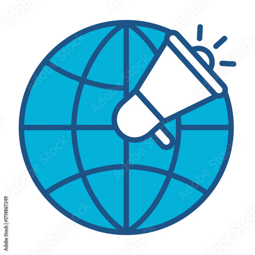 Global Marketing Icon In Blue Monochrome Flat Design, Vector Illustration