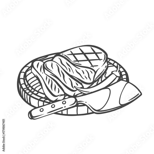 Beef steak cut into slices on wooden board line icon. Outline hand drawn sketch of sliced beefsteak with knife, sirloin and chili pepper. BBQ meat, menu mascot, gourmet steak icon vector illustration