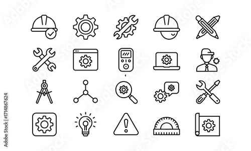 Minimalist engineering and construction icon set of 20 line art elements in 4x5 grid black and white vector illustration