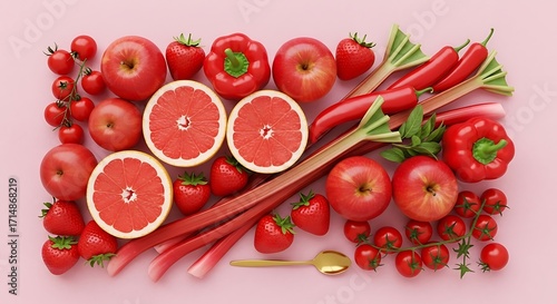 Vibrant Red Fruits and Vegetables Artfully Arranged on a Soft Pink Background © Creator
