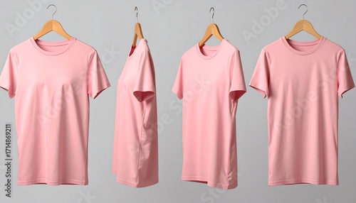 Four pink t-shirts on hangers against a gray background