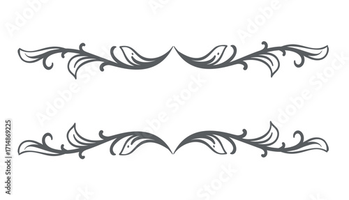 Ornamental dividers with flowing leaves and gentle curves in engraved vintage style. Perfect for invitations, labels, or packaging. Vector illustration.