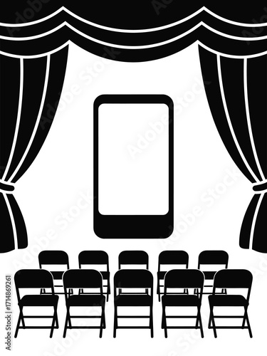 Empty theater stage with chairs and blank screen