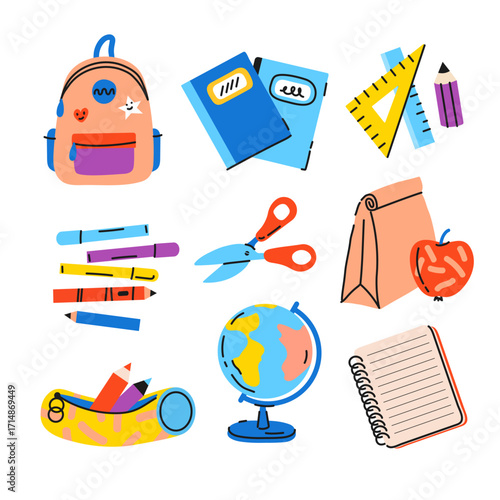 Colorful array of essential educational items and study supplies for back to school preparation