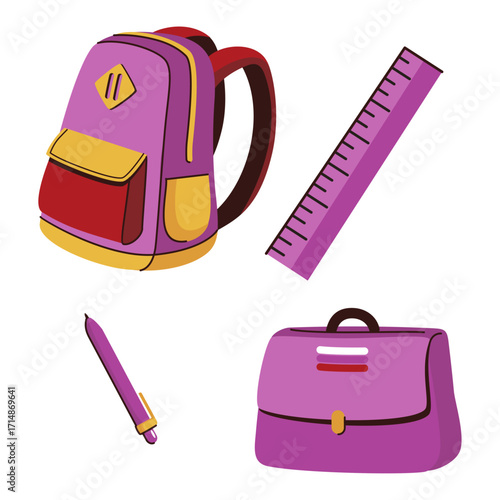 Essentials for Learning Backpack, Ruler, Pen and Purple School Bag