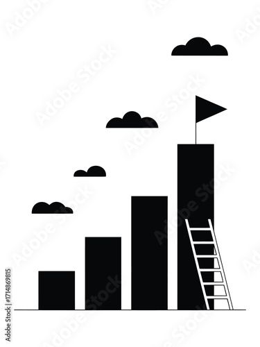 Success ladder reaching a flag on a tall tower with clouds