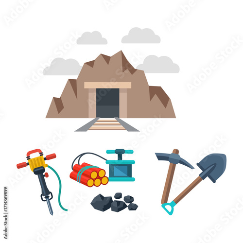 A collection of vector icons representing the mining industry with tools and mine entrance