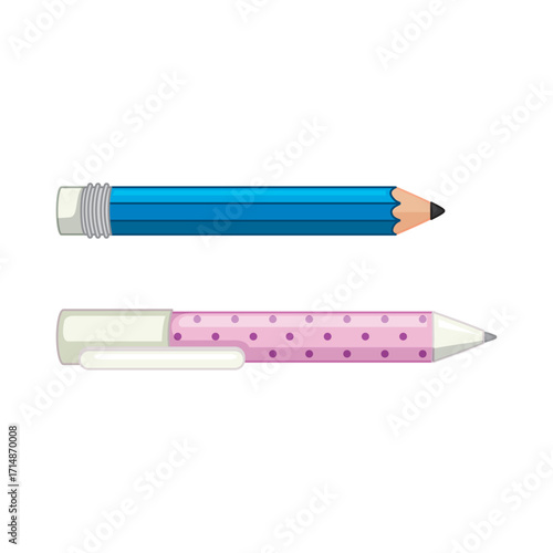 Isolated vector icon set of a blue pencil and pink pen for school, office, and creative ideas