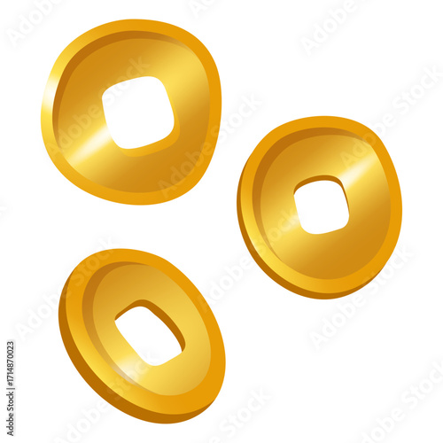 Three shiny golden Chinese fortune coins for prosperity and good luck